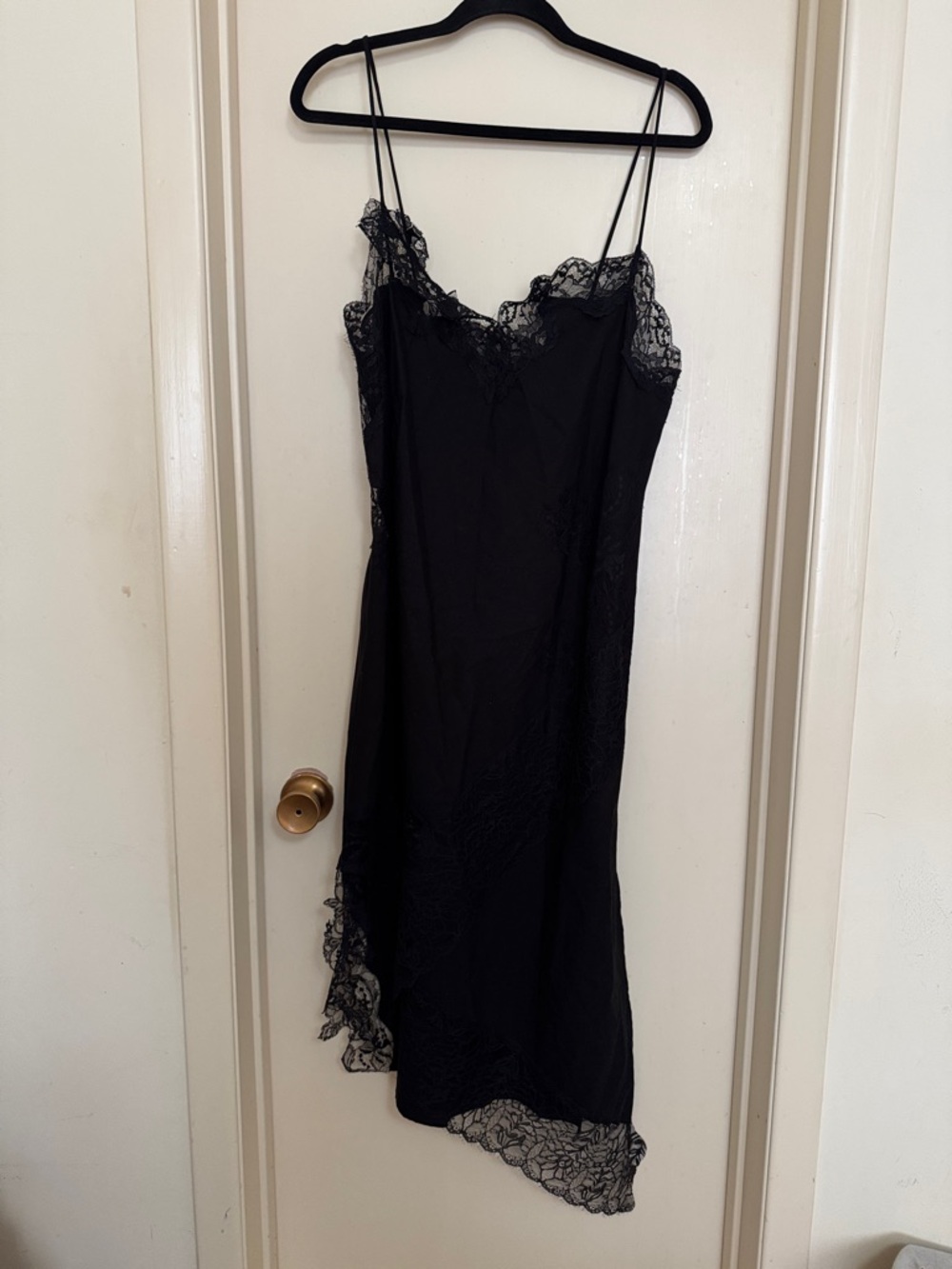 Black Lace-Trim Slip Dress with Double Spaghetti Straps
